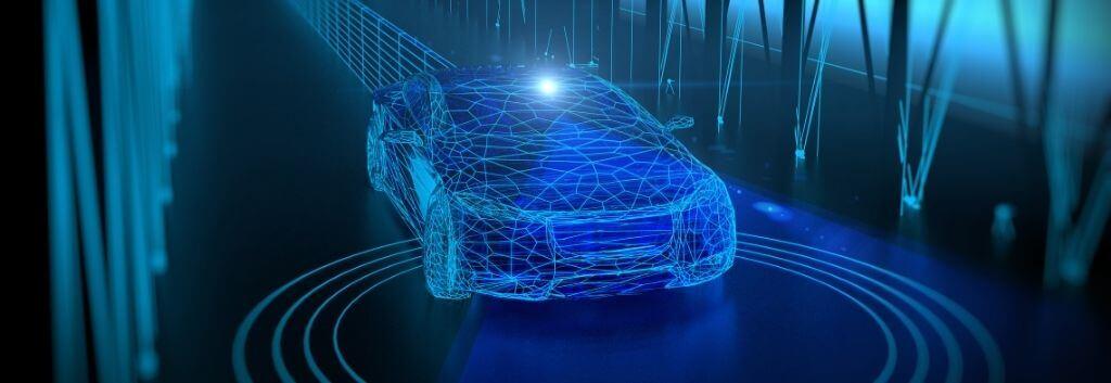 Blue autonomous driving car emitting LiDAR laser light