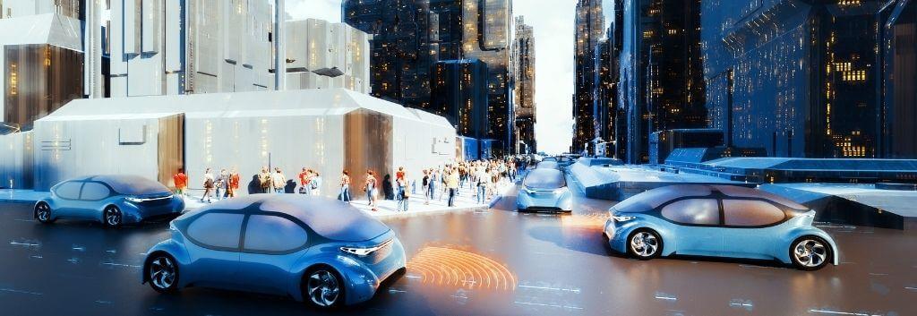 Self-autonomous driving car driving at the intersection of skyscrapers