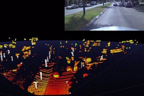 Point cloud data and images of cars and roadside trees