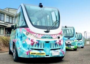 Self autonomous driving shuttle bus operating in Sakaimachi, Ibaraki Prefecture