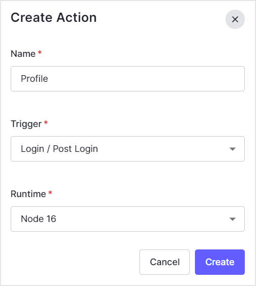 Select the name of the action to be created, the trigger of the action, and the execution environment, and click [Create].
