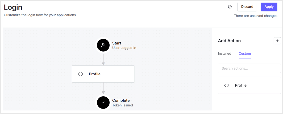 From the Action list displayed in the [Custom] tab on the right side of the screen, drag and drop the Action created in &quot;1. Create a new Action&quot; and apply it to the flow diagram on the left side of the screen.