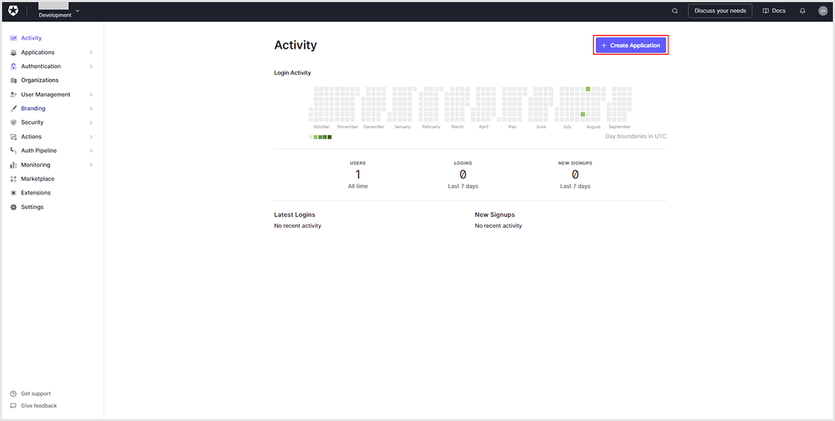 Log in to the Auth0 management screen and click [Create Application] in Activity