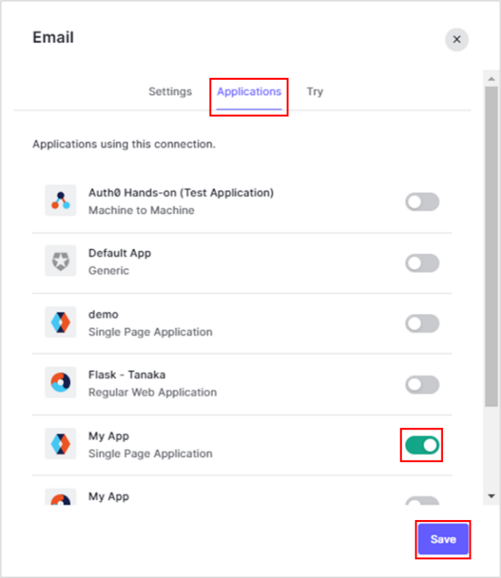 On the Applications tab, enable the desired application and click Save