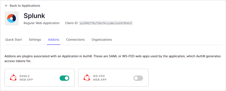 Confirm that [SAML2 WEB APP] is ON