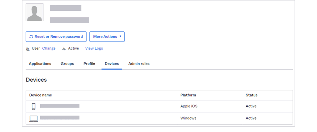 Displaying a list of devices registered to a specific user (Okta administrator screen)