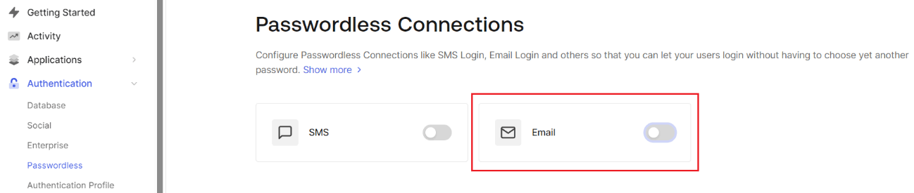 On the Auth0 management screen, click [Authentication] > [Passwordless] > [Email]