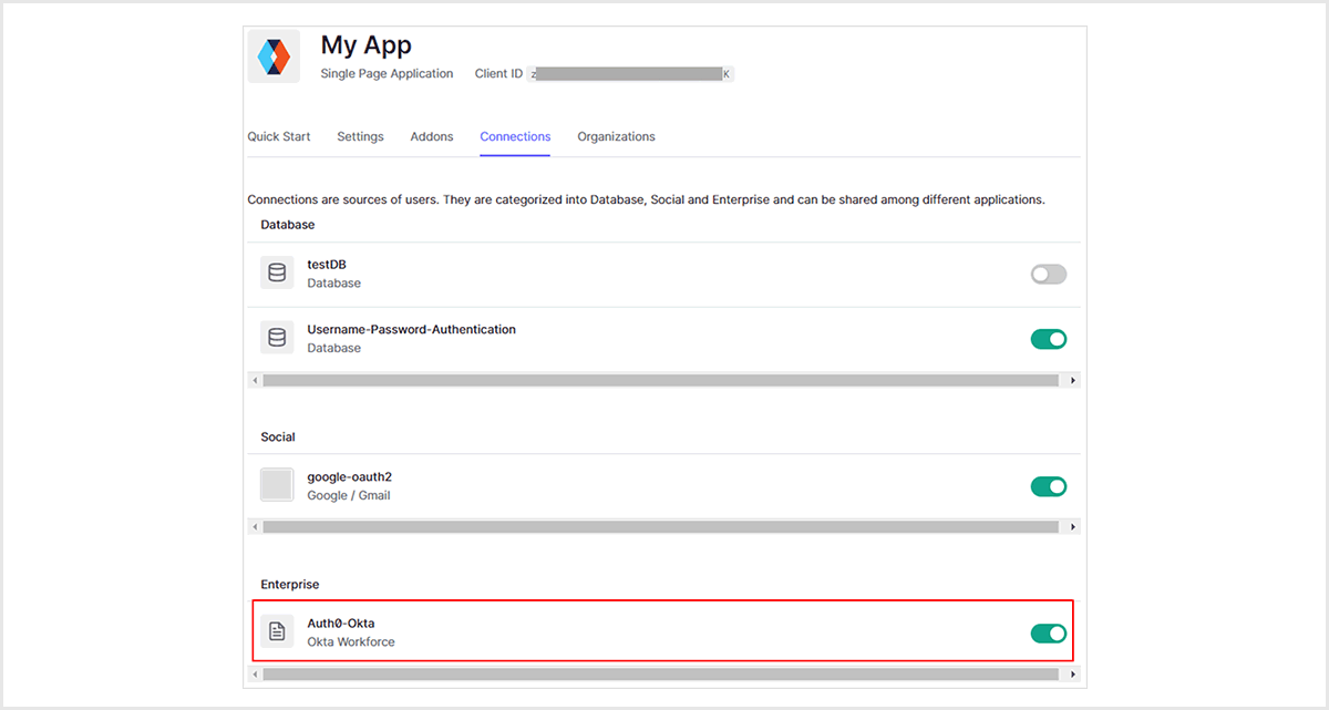 Enable the created Enterprise Connection in the linked Application settings
