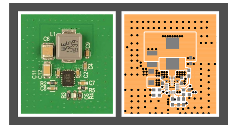 Figure 2: LT8640 demo board photo and first layer layout diagram