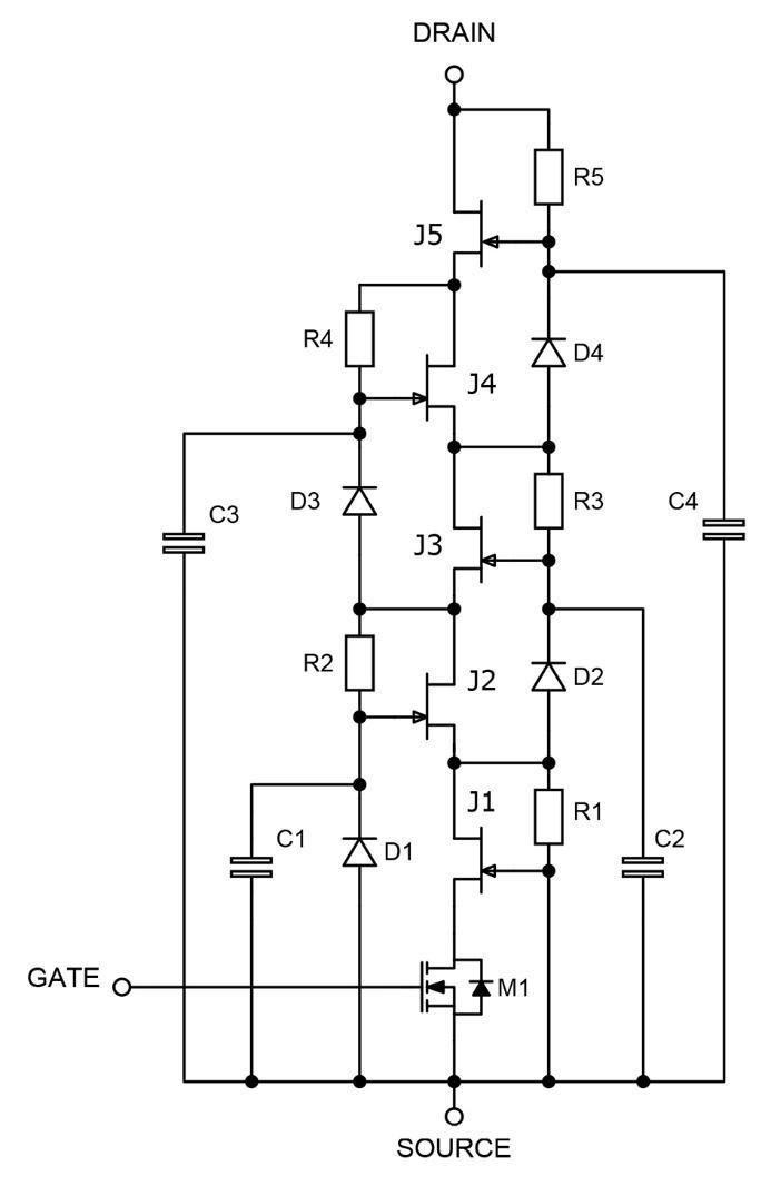 図1：積層式カソードの原理で数十kVの高電圧定格に対応