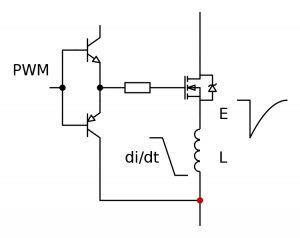 Source-to-ground inductance can cause gate voltage transients that slow switching currents