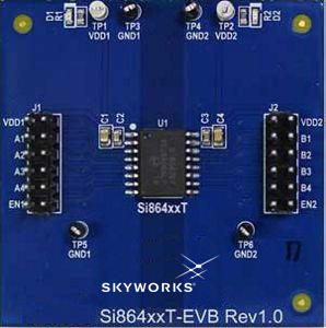 Evaluation board with Si8642ET-IS, (4-ch (inverted: 2ch), 150 Mbps, 5KVrms 10 kV surge withstand, Wide Body, Default High I/O) mounted.
