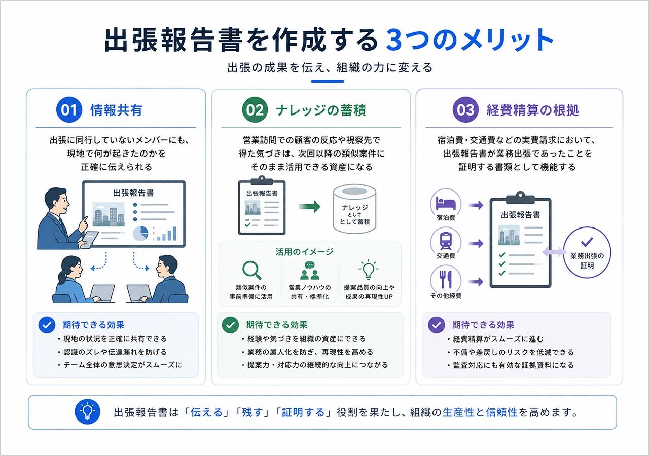 出張報告書を作成する3つのメリットの図