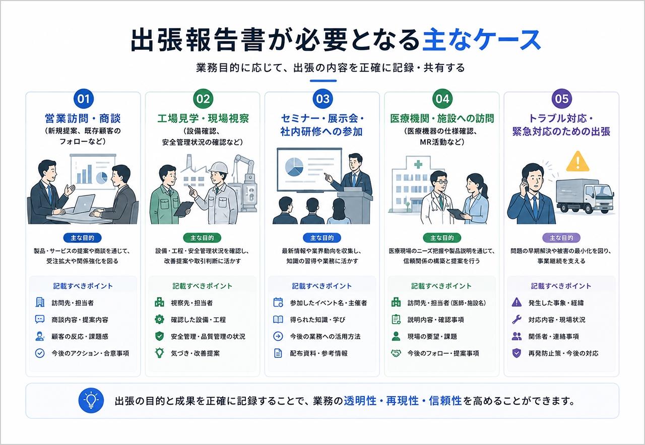 出張報告書が必要となる主なケースの図
