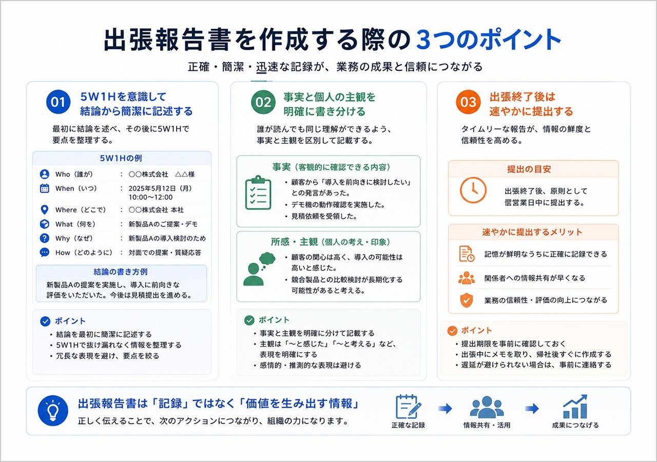 出張報告書を作成する際の3つのポイントの図