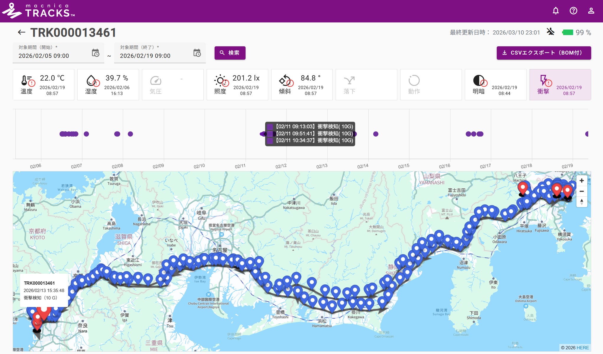 Macnica Tracksのダッシュボード上にて衝撃検知のみを表示している