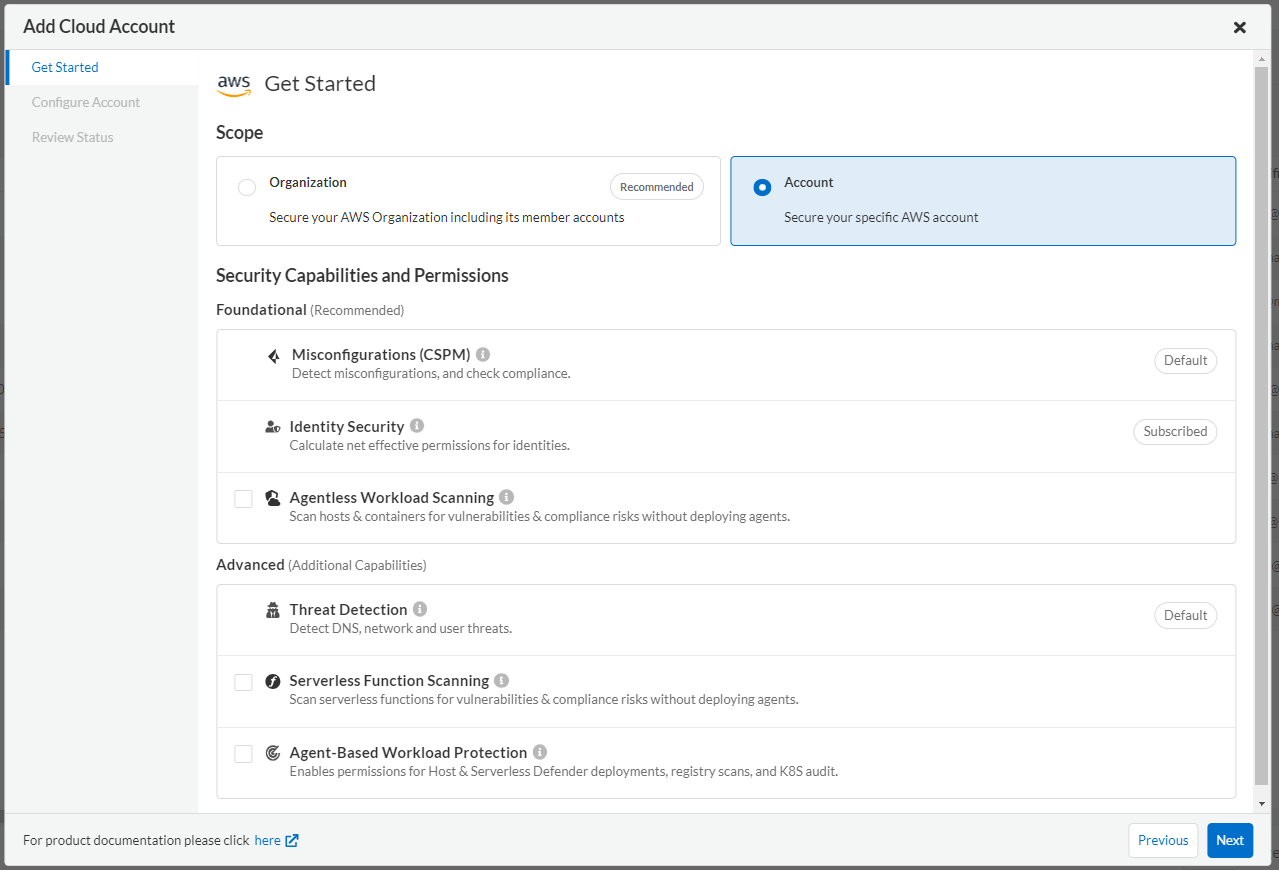 AWSの場合、登録するCloud Accountsとして個別のAWS OrganizationまたはAWSアカウント全体を選ぶことが可能です。今回はAWSアカウント全体を選択します。