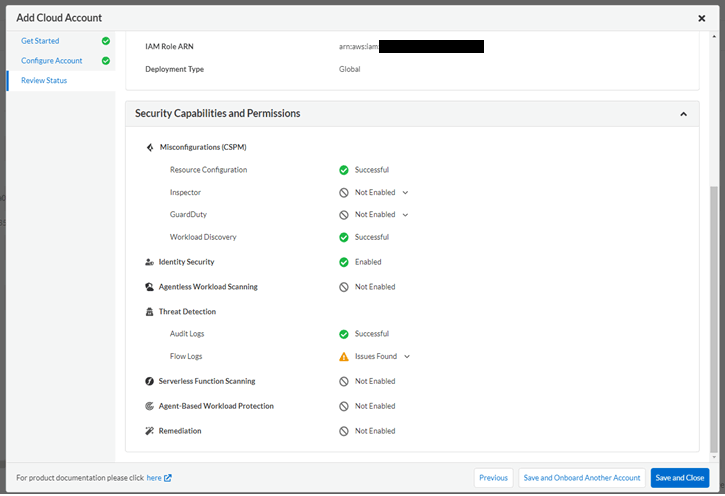 入力項目を確認します。全ての項目にチェックが入っていれば完了です。今回はFlow logを使用していないアカウントのため、見つからないというWarningが表示されていますが問題ありません。