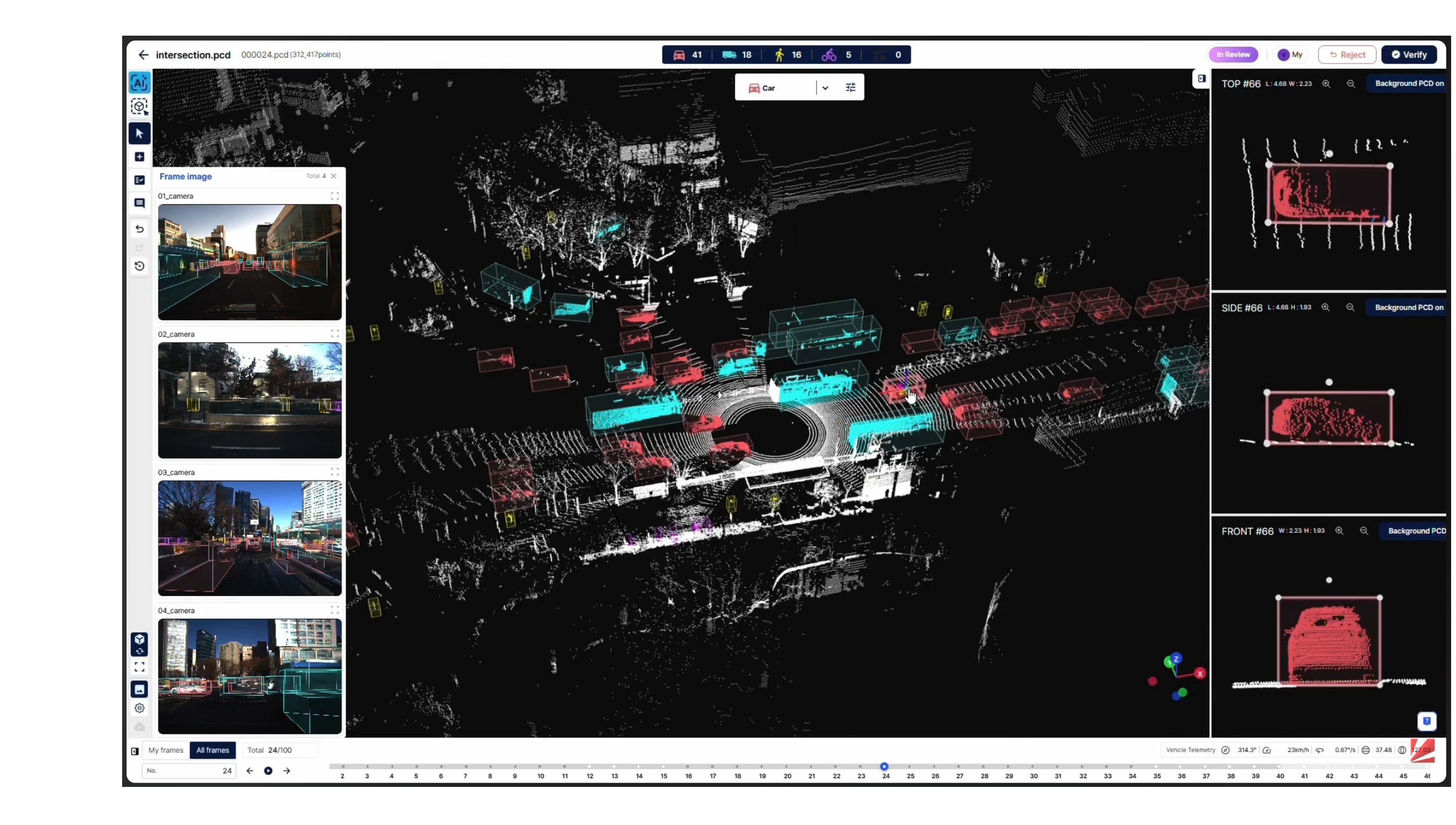 Vueron社のPerceptionソフトウェア「Copilot」の画面。カメラ映像とLiDAR点群から車両や歩行者を検出・識別している様子