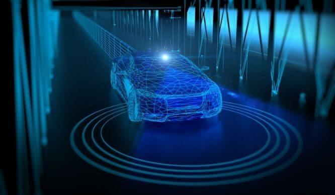 LiDARのレーザー光を照射する青い自動運転車