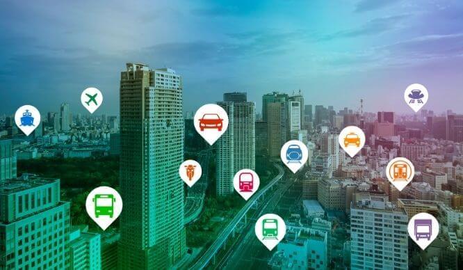 都市部にプロットされているモビリティのアイコン