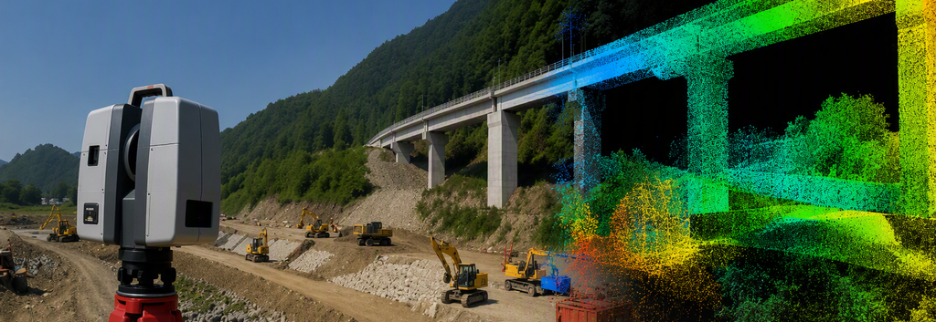 建設現場に設置されたレーザースキャナと、取得した橋梁の3D点群データ。造成中の現場と高架橋が色分け表示されている