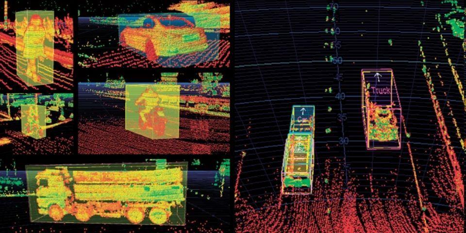 LiDARで認識された歩行者やトラックなどの点群データ