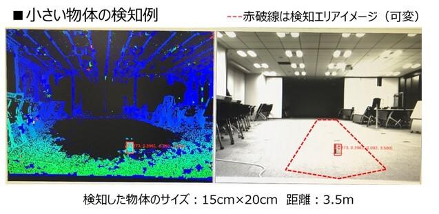 ステレオカメラでみた小さい物体の障害物検知例と検知エリアのイメージ