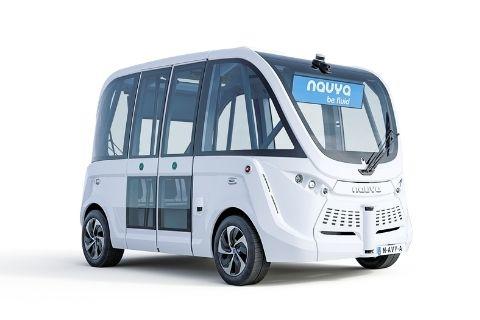 Self-autonomous driving shuttle bus with a white square body