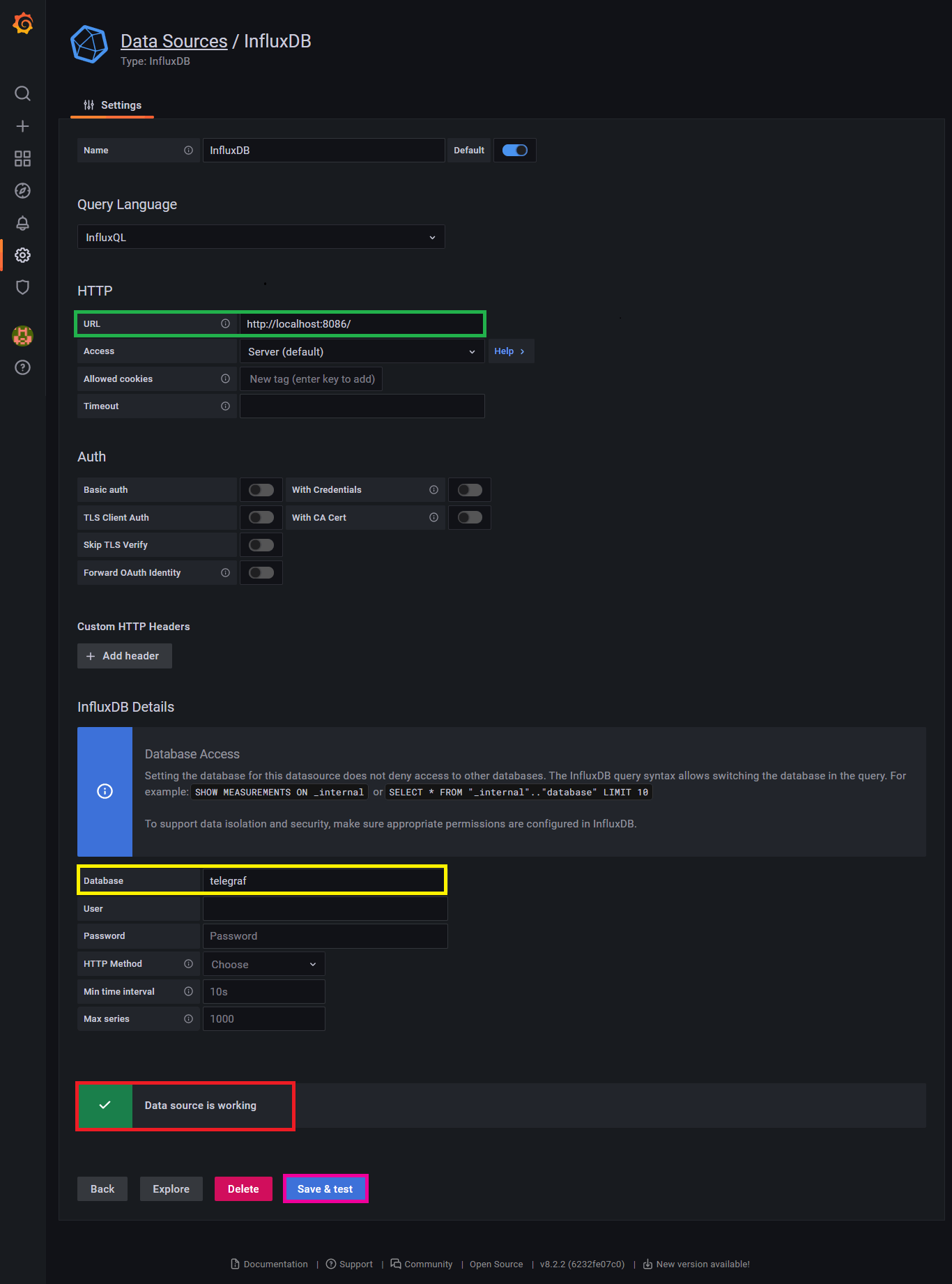 Figure 2: InfluxDB integration setting screen