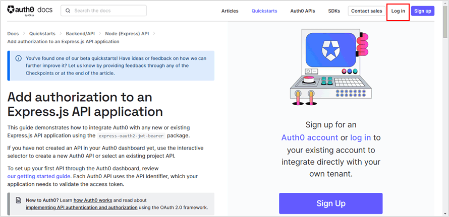 Express.js API applicationページへ遷移後、[Log in]ボタンをクリック