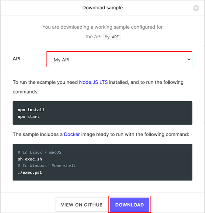 ドロップダウンリストから③で作成したAPIを選択し、[DOWNLOAD]をクリック
