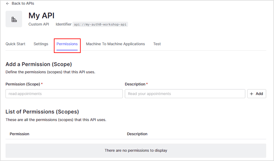 「サンプルを用いたAPIサーバ実現」で作成したAPIを選択後、[Permissions]タブに移動