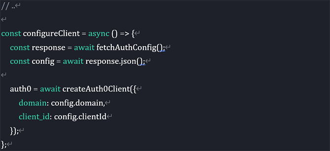 app.jsファイル：Auth0テナントドメインとClient IDを初期化するため、configureClient関数の作成及びfetchAuthConfig関数から設定値を呼び出すように設定