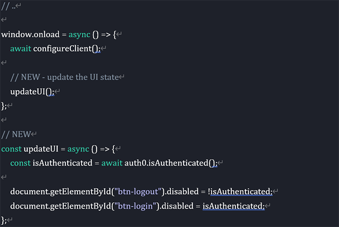 app.jsファイル：auth0.isAuthenticated()を呼び出してボタンの有効/無効表示するため、updateUI関数を追加、window.onloadでアプリケーションの設定初期化後にupdateUI関数を呼び出すように設定を追加