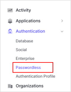 Auth0管理画面で、[Authentication] > [Passwordless]をクリック