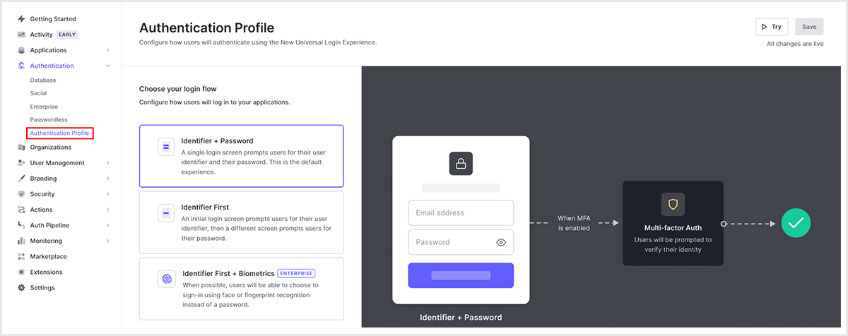 Auth0管理画面で、[Authentication] > [Authentication Profile]をクリック