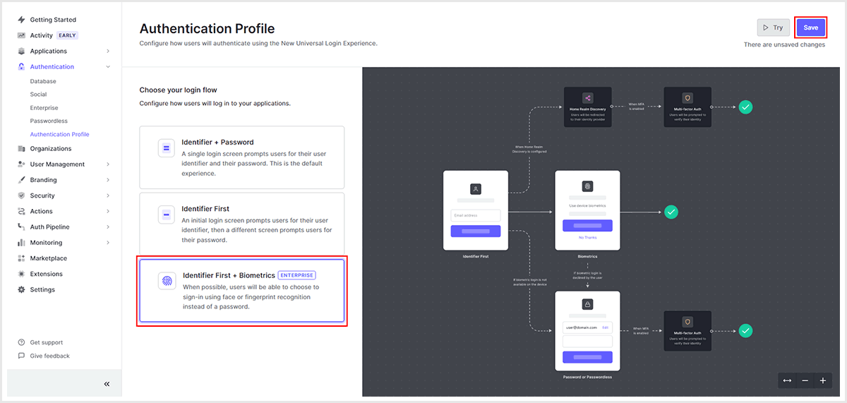 [Identifier First + Biometrics]を選択し、[Save]をクリック