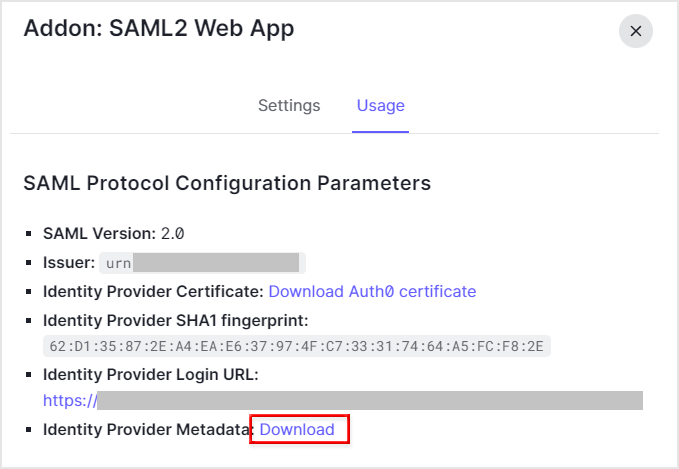 [Usage]タブで、[Identity Provider Metadata]をダウンロード