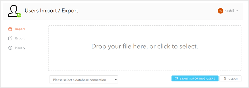 インストールした[ User Import / Export ]Extensionをクリックし、[ Please select a database connection ]でユーザの情報を格納するdatabase connectionを選択
