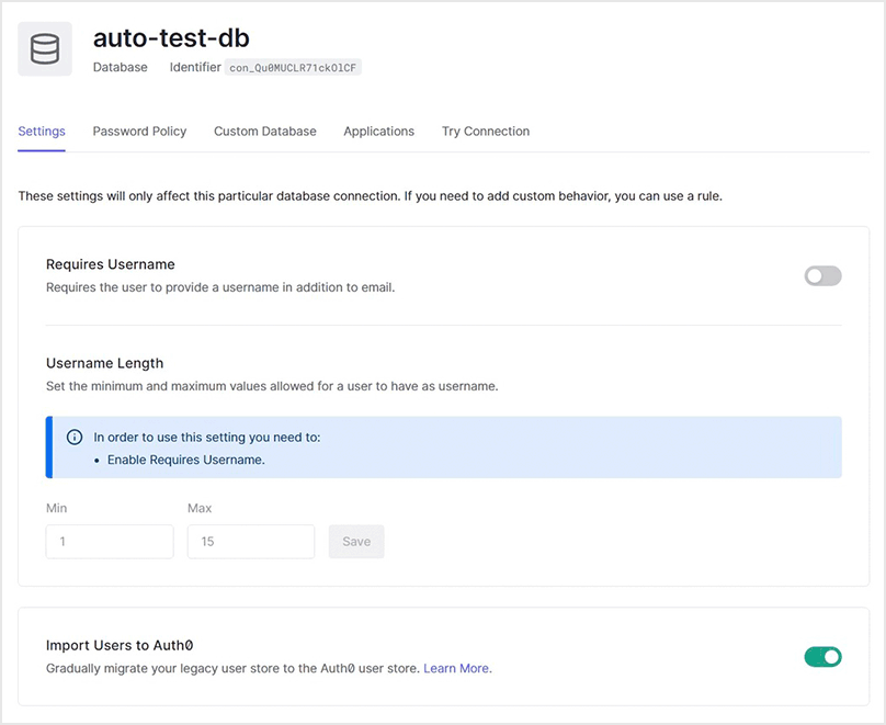 [ Settings ]タブで、[ Import Users to Auth0 ]を有効化