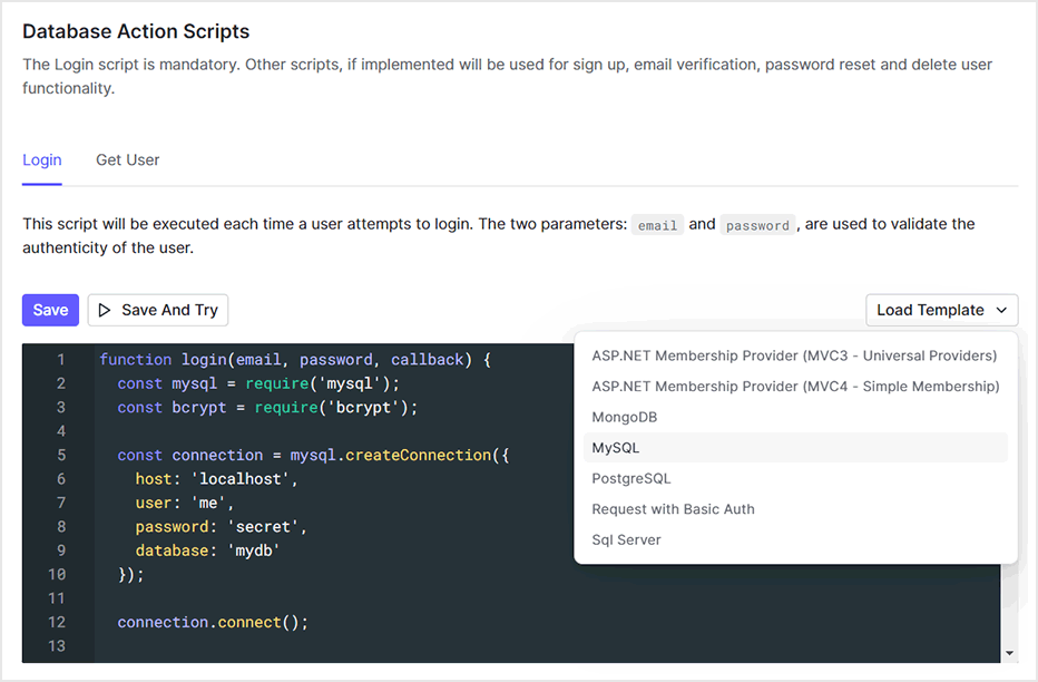 [ Custom Database ]タブ > Database Action Script > [ Login ]タブで、[ Load Template ]からMySQL(MySQL用テンプレート)を選択