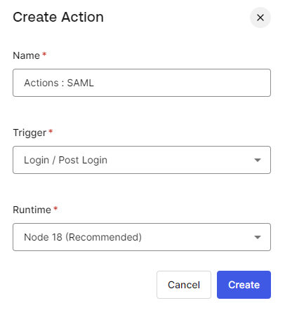 作成するAction名、Actionのトリガ、実行環境を選択し、[Create]をクリック