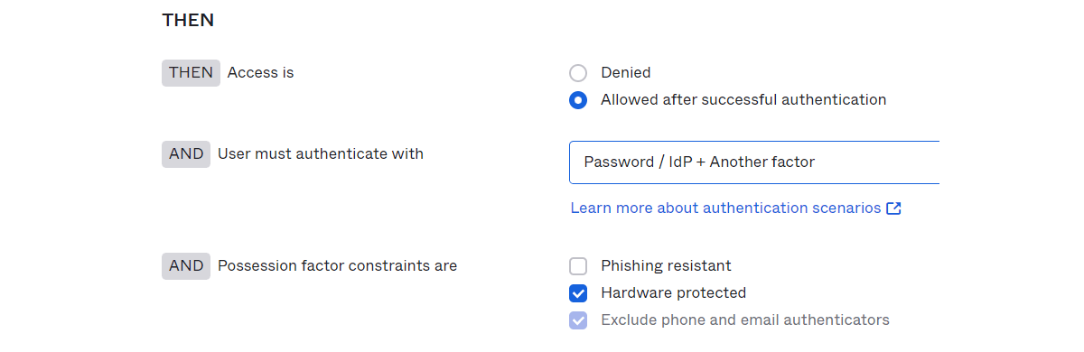 対象SaaSにログインする際に要求する認証要素の選択(Password + Okta Verify)