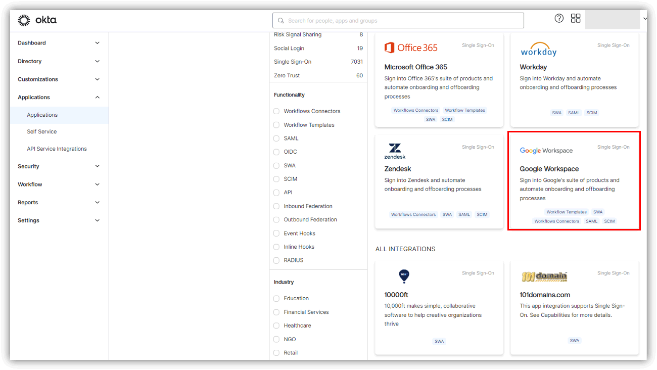 Okta管理画面のApplicationsにて、Google Workspaceのテンプレートを選択