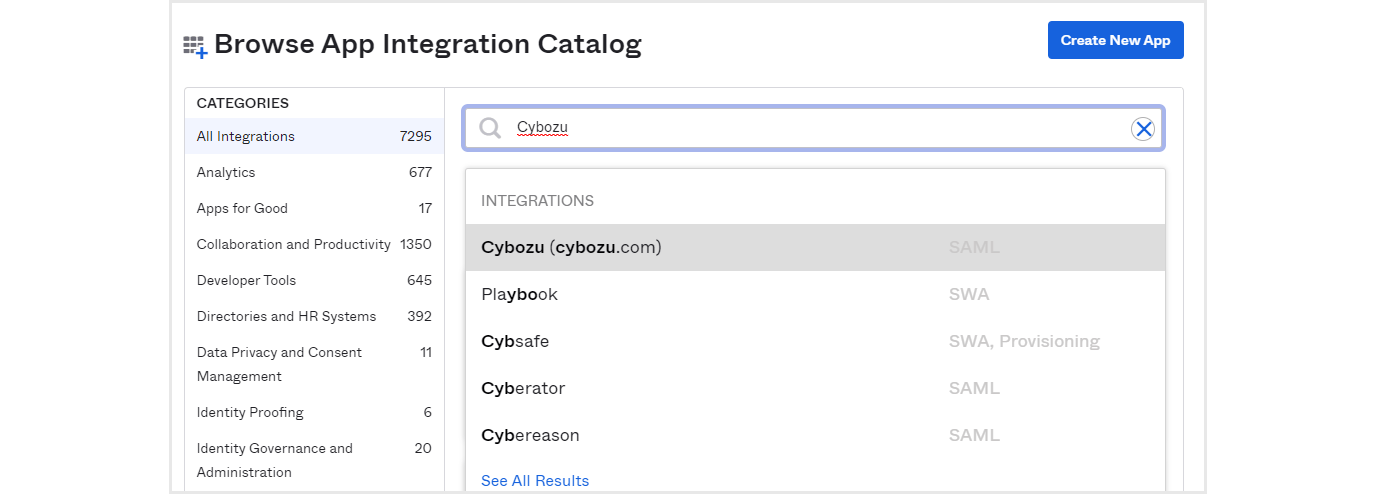 検索欄にCybozuを入力し、Cybozu(cybozu.com)をクリック