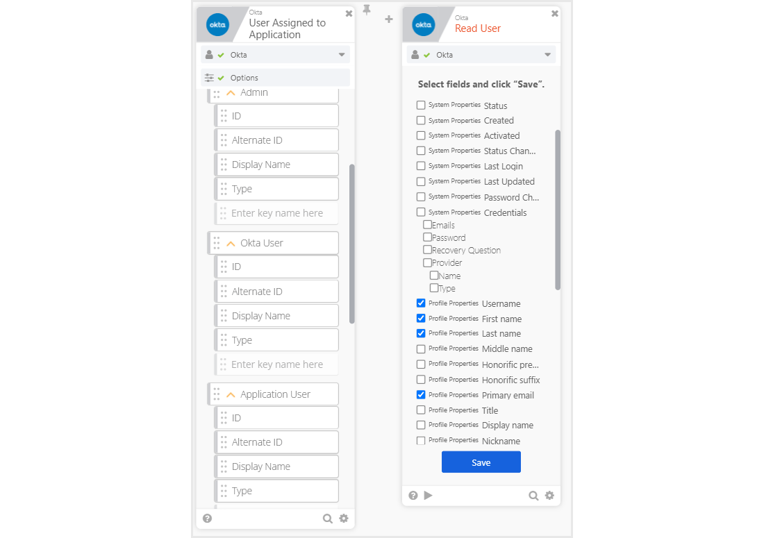 フィールドを選択できる画面が出てくるので、Username,firstname,lastname,Primary emailを選択し、Saveをクリック