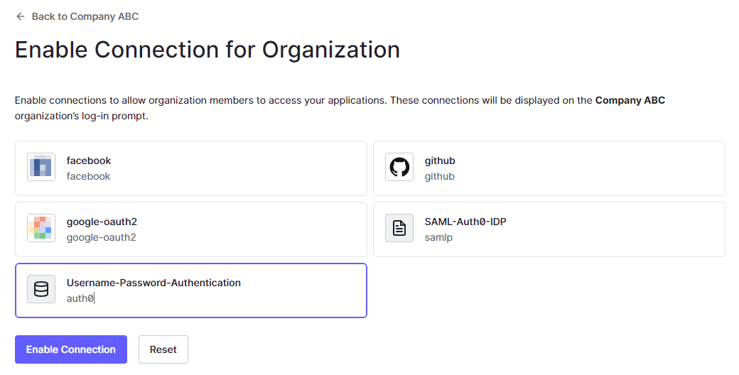 [Username-Password-Authentication]を選択し、[Enable Connection]をクリック