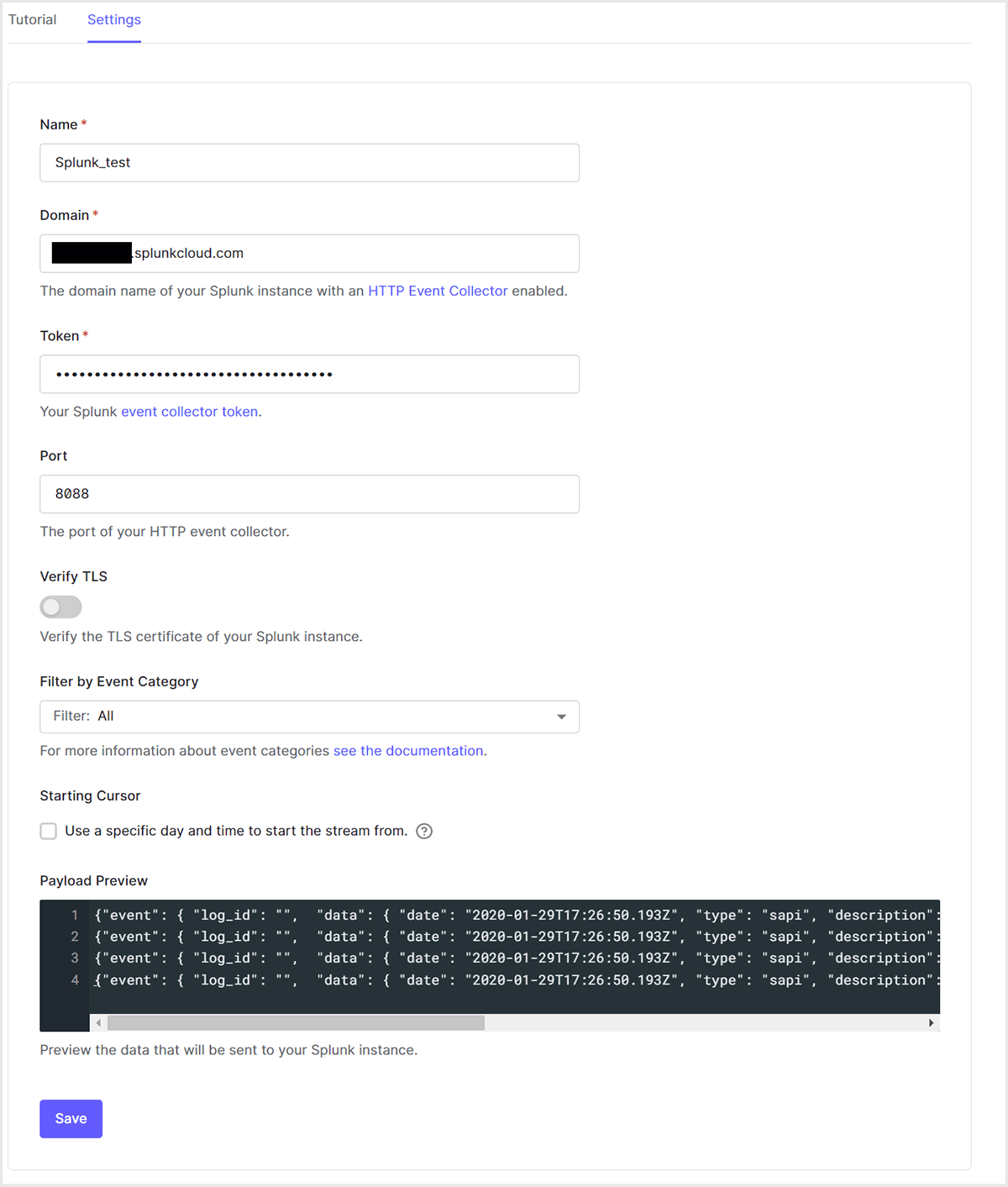 After entering the necessary settings in the Settings tab of the Log Stream settings created in Auth0 settings (Part 1), click [Save].