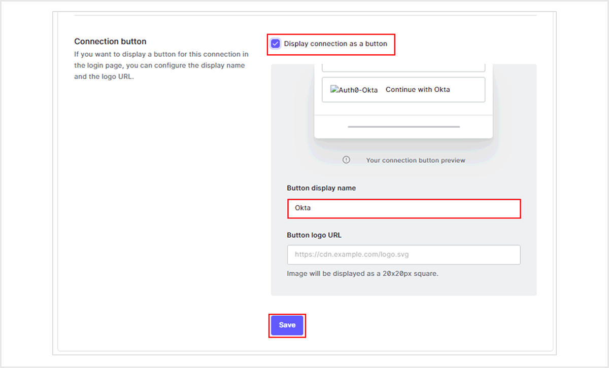 Login Experienceタブで、Connection Button設定を実施し、ページ末尾の[Save]をクリック